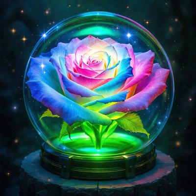 The primary subject of the image is a colorful, rainbow-colored rose, which is displayed in a glass globe. The rose is surrounded by a green and purple background, creating a vibrant and lively atmosphere. The visual style of the image is a combination of photo and digital art, as it appears to be a real rose placed in a glass globe, yet the colors and overall presentation are digitally enhanced. The colors and mood of the image are predominantly green, purple, and p